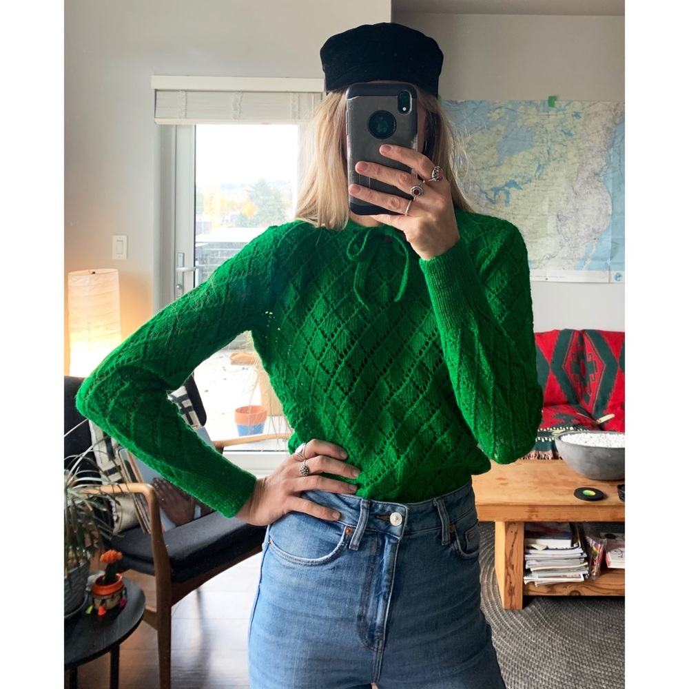 Vintage Green Knit Crochet Sweater Pullover Jumper - Picture 2 of 10